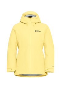 Veste imperméable jaune avec capuche, fermeture éclair à l'avant, poches latérales et logo Jack Wolfskin sur la poitrine.