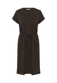Robe en coton marron à manches courtes, décolleté en V et taille à nouer. Le design présente une coupe décontractée et une longueur au genou.