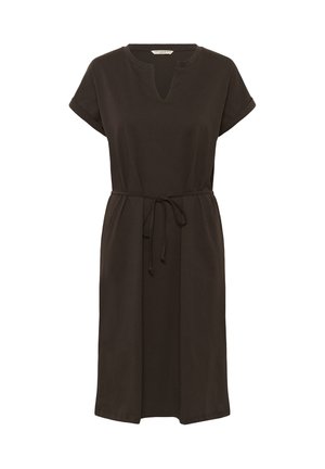 Rjava bombažna obleka s kratkimi rokavi, V-izrezom in pasom na zavezovanje. Oblikovanje ponuja sproščen kroj in obseg do kolen.