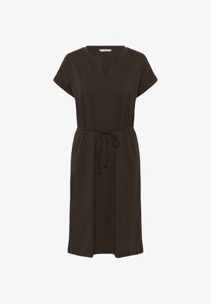 Rjava bombažna obleka s kratkimi rokavi, V-izrezom in pasom na zavezovanje. Oblikovanje ponuja sproščen kroj in obseg do kolen.