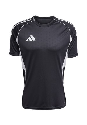 Maglietta sportiva nera a maniche corte con strisce bianche ai lati e sulle spalle e logo Adidas bianco sul petto.