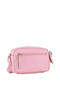 Borsa a tracolla rosa in finta pelle liscia, di forma rettangolare, con tasca frontale con zip e tracolla regolabile. Design semplice e hardware minimal.