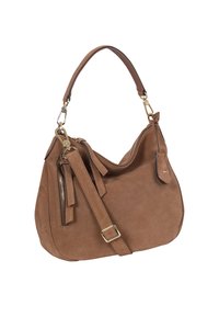 Brown suede handbag with a curved shape, featuring a short handle, a detachable strap, and zippered compartments with gold-tone hardware.