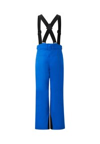 Pantalon imperméable bleu avec bretelles noires ajustables, design à jambe large et panneaux inférieurs renforcés pour la durabilité et la fonctionnalité.