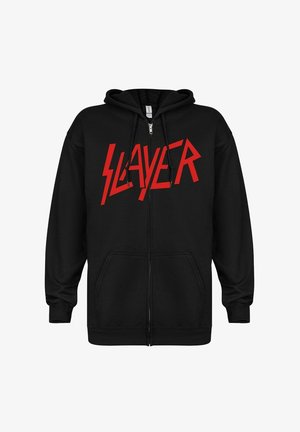 Musta vetoketjullinen huppari, joka on valmistettu puuvillasekoitteesta, ja siinä on rohkea punainen "SLAYER" -logo rinnassa. Hupparissa on etutaskut ja säädettävä nauhakuusi.