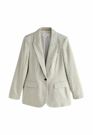 Hele beež ühenööpmeline lina bleiser sälkidega krae ja sangadega taskutega, kujutatud tasapinnaliselt valgel taustal.