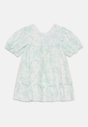 Weißes Kleid mit hellgrünem Blumenmuster, kurzen Puffärmeln und einemRICTEM Saum. Weicher Stoff, runder Ausschnitt und lockere Passform.