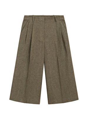 Pantaloni marroni a gamba larga e corta con pieghe, passanti per cintura e tasche laterali, in tessuto strutturato.