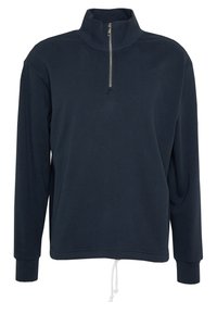 Navy blauwe langarm pullover met een hoge kraag en halve rits, voorzien van een koord aan de onderrand en geribde manchetten. Zachte stofstructuur.