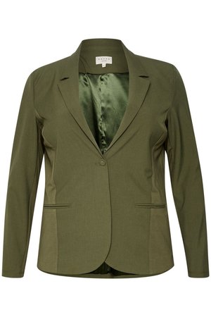 Olivově zelený blazer s přizpůsobeným designem, zapínáním na jeden knoflík, klopami a dvěma předními kapsami, s saténovou podšívkou.