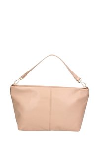 Borsa a mano in pelle sintetica beige con una sola tracolla, forma rettangolare, texture liscia e dettaglio di cucitura verticale. Accenti in metallo color oro.