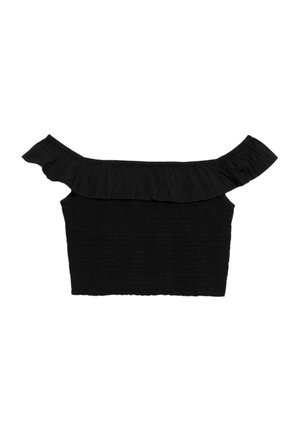 Sort off-shoulder croptop med flæsekant og tekstureret, tætsiddende krop.