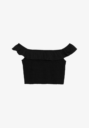 Sort off-shoulder croptop med flæsekant og tekstureret, tætsiddende krop.