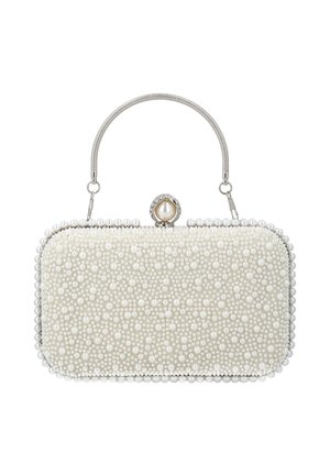 Fehér téglalap alakú borítéktáska, kis és nagy műgyöngyökkel díszítve, gyöngyökkel ékesített kapoccsal és ezüst rövid fogantyúval.
