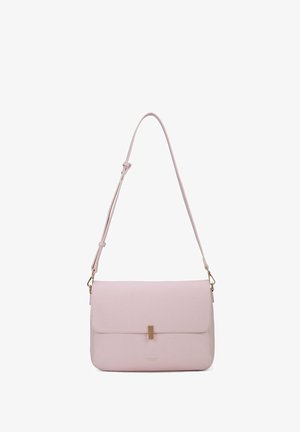 Light pink leather handbag with a smooth texture, rectangular shape, magnetic clasp, and an adjustable shoulder strap. Gold hardware accents.