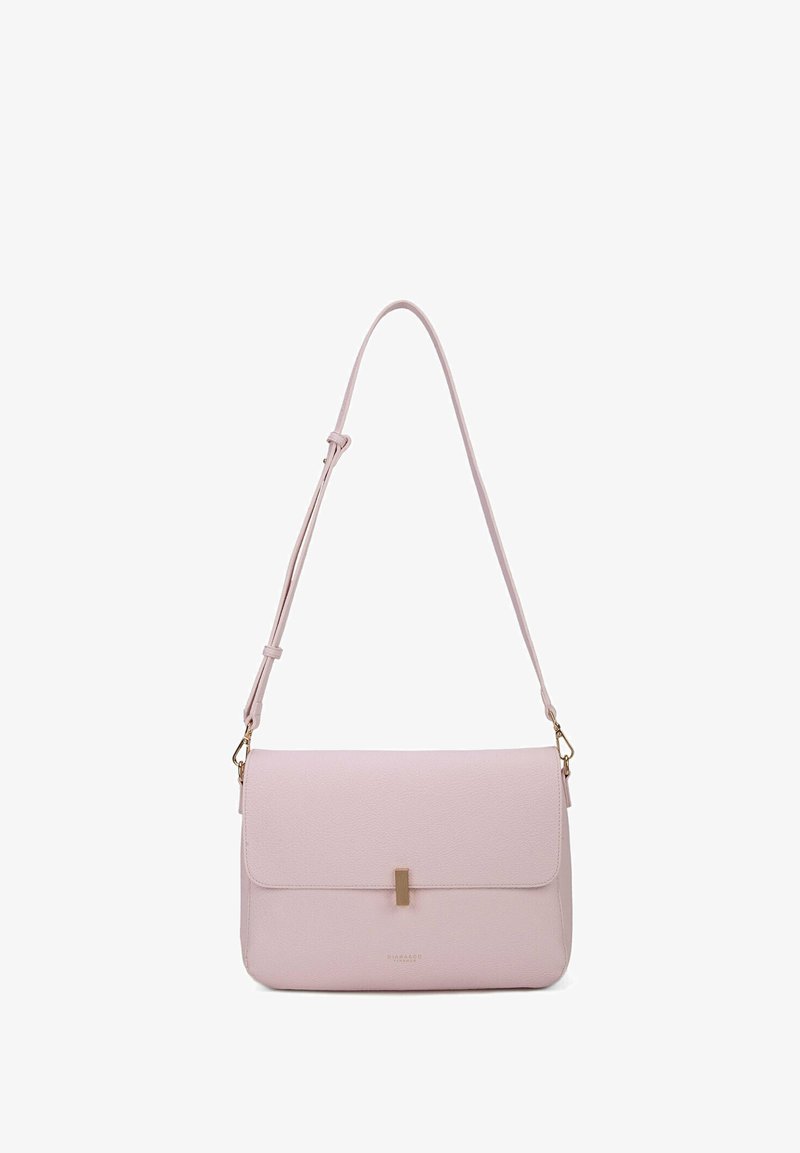 Light pink leather handbag with a smooth texture, rectangular shape, magnetic clasp, and an adjustable shoulder strap. Gold hardware accents.