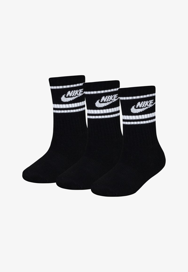 Chaussettes noires pour homme en mélange de coton, avec des rayures blanches et le logo Nike en haut. Trois paires incluses dans le lot.