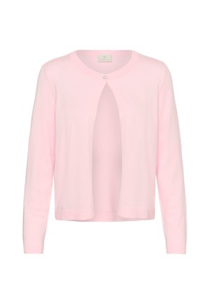 Cárdigan rosa claro con cuello redondo, abertura frontal y mangas largas. Cuenta con un cierre de un solo botón y una tela suave y texturizada.