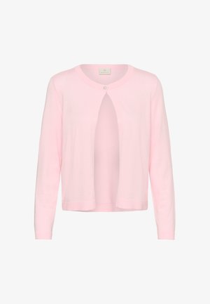 Cardigan rose clair avec un col rond, une ouverture frontale et des manches longues. Il est doté d'un seul bouton de fermeture et d'un tissu doux et texturé.