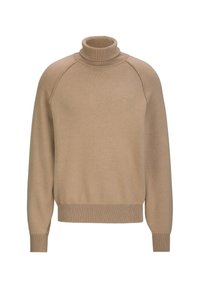 Beige Rollkragenpullover aus weichem Strickmaterial, mit geripptem Saum und Bündchen sowie dezentem Logo-Detail auf der Brust.