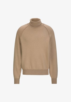 Beige Rollkragenpullover aus weichem Strickmaterial, mit geripptem Saum und Bündchen sowie dezentem Logo-Detail auf der Brust.