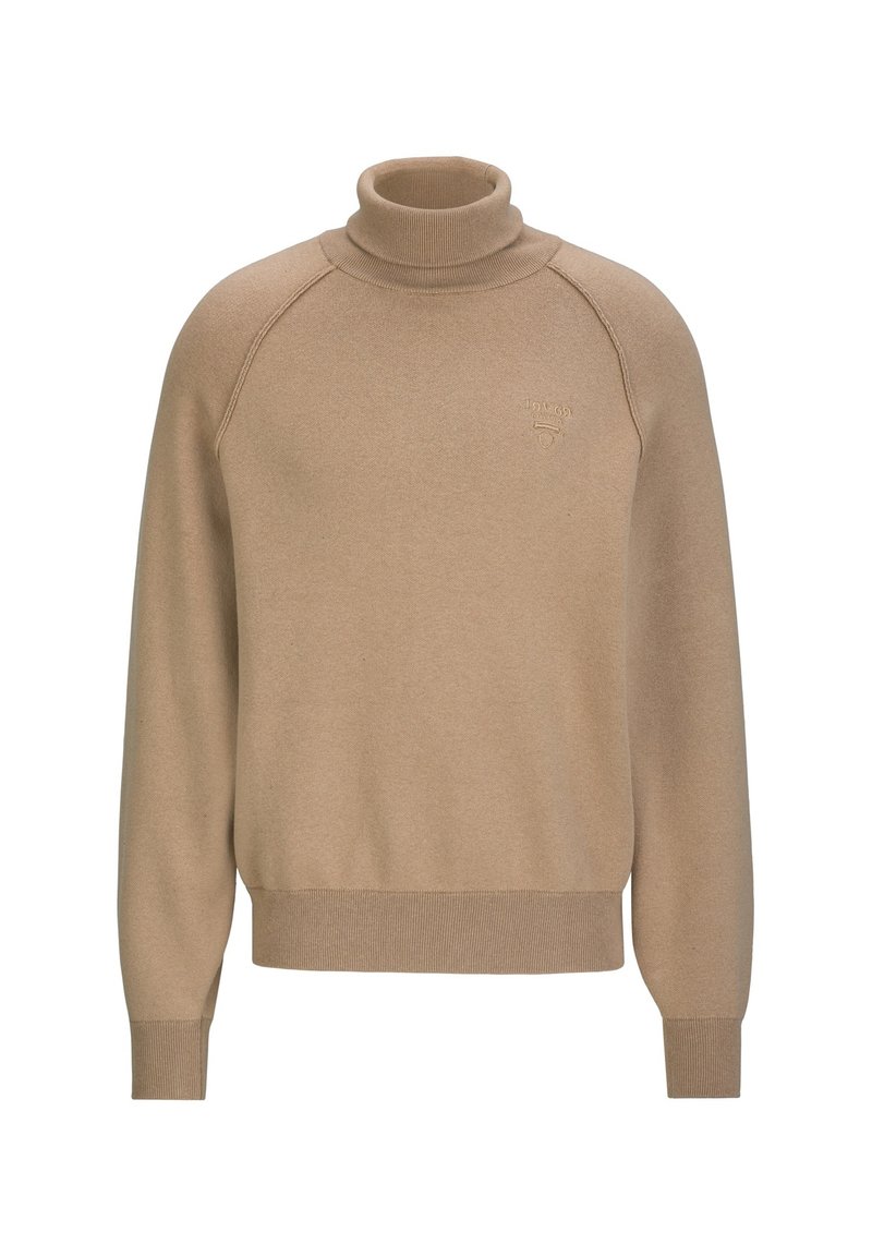 Beige Rollkragenpullover aus weichem Strickmaterial, mit geripptem Saum und Bündchen sowie dezentem Logo-Detail auf der Brust.