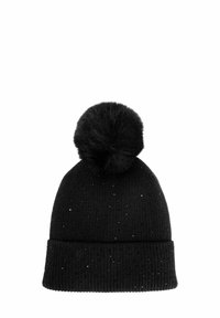 Berretto di lana nera lavorato a maglia con risvolto, leggermente punteggiato di brillanti scintillanti, e un grande pompon soffice in cima.