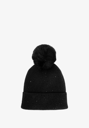 Berretto di lana nera lavorato a maglia con risvolto, leggermente punteggiato di brillanti scintillanti, e un grande pompon soffice in cima.