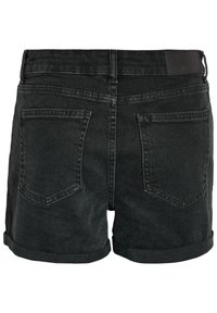 Black denim shorts featuring a rolled hem, two back pockets, and a leather label at the waistband. Material has a smooth texture.
