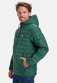 Mann in grünem, gesteppte Kapuzenjacke mit Händen in den Taschen, blickt neutral nach vorne vor hellem Hintergrund.