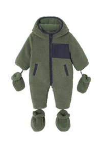 Fleece-lined one-piece suit in forest green with a navy pocket, hood, and detachable mittens. Features a zipper and lined cuffs.