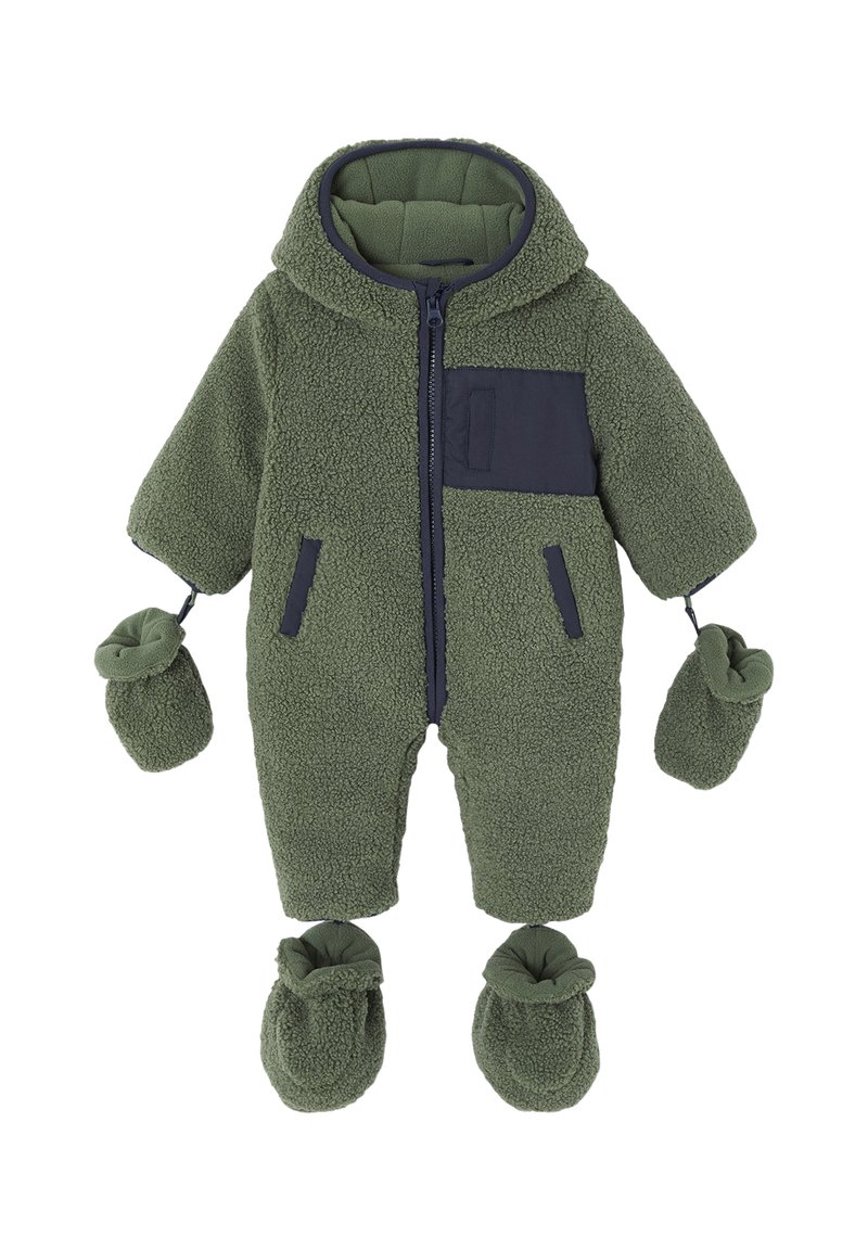 Fleece-lined one-piece suit in forest green with a navy pocket, hood, and detachable mittens. Features a zipper and lined cuffs.