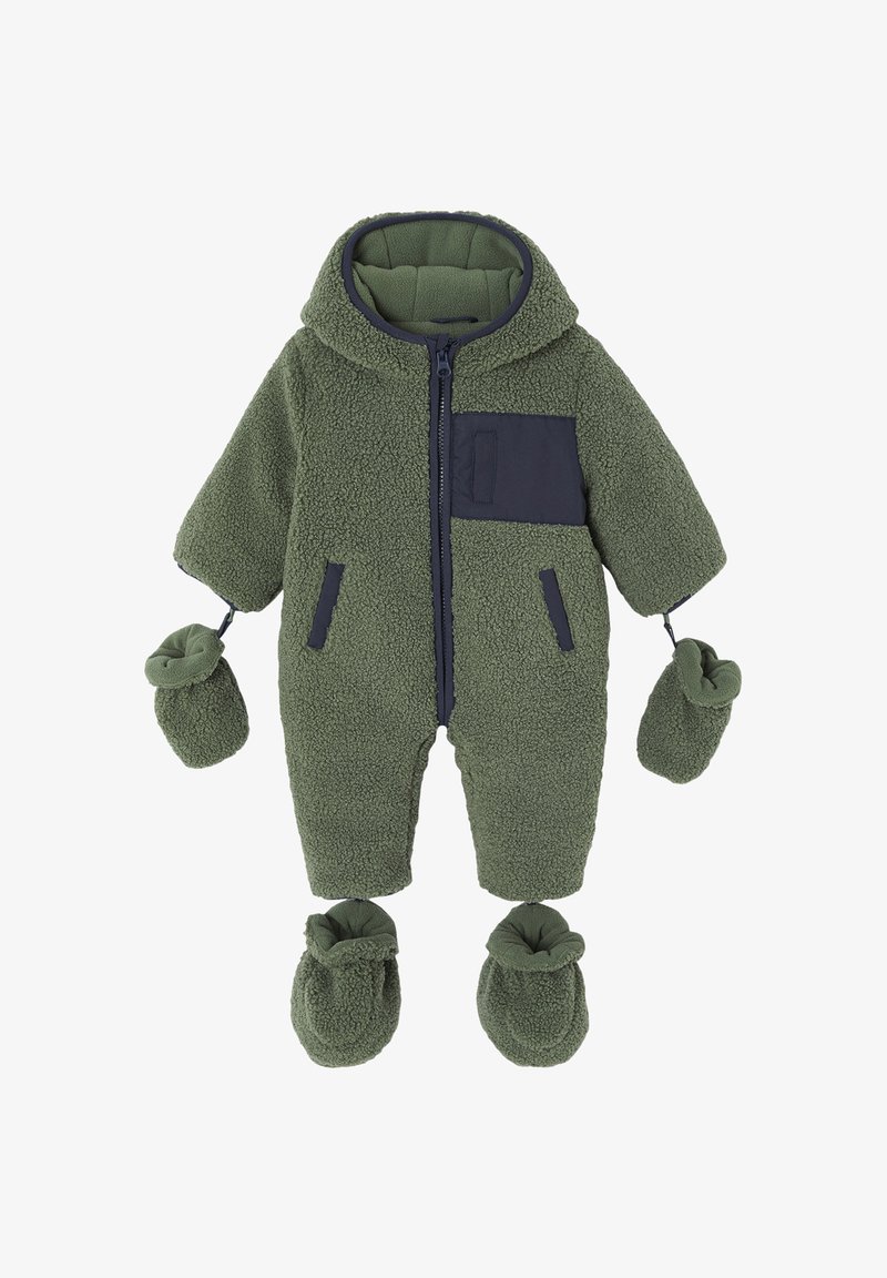 Fleece-lined one-piece suit in forest green with a navy pocket, hood, and detachable mittens. Features a zipper and lined cuffs.