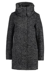 Mørkegrå uldblanding frakke med høj krave, tekstureret stof, to forlommer og en lige silhuet.