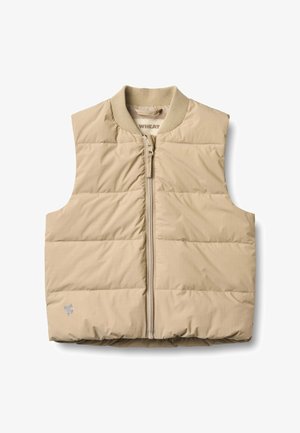 Beige polstret ermeløs vest med frontglidelås, ribbestrikket krage og lite Wheat-logo på nedre venstre side.