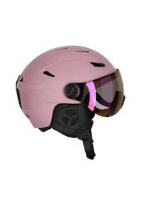 Rosenroter Skihelm mit aerodynamischer Form, Belüftungsschlitzen und großem getöntem Visier. Verstellbarer Riemen und schwarzes gepolstertes Innenfutter für Komfort.
