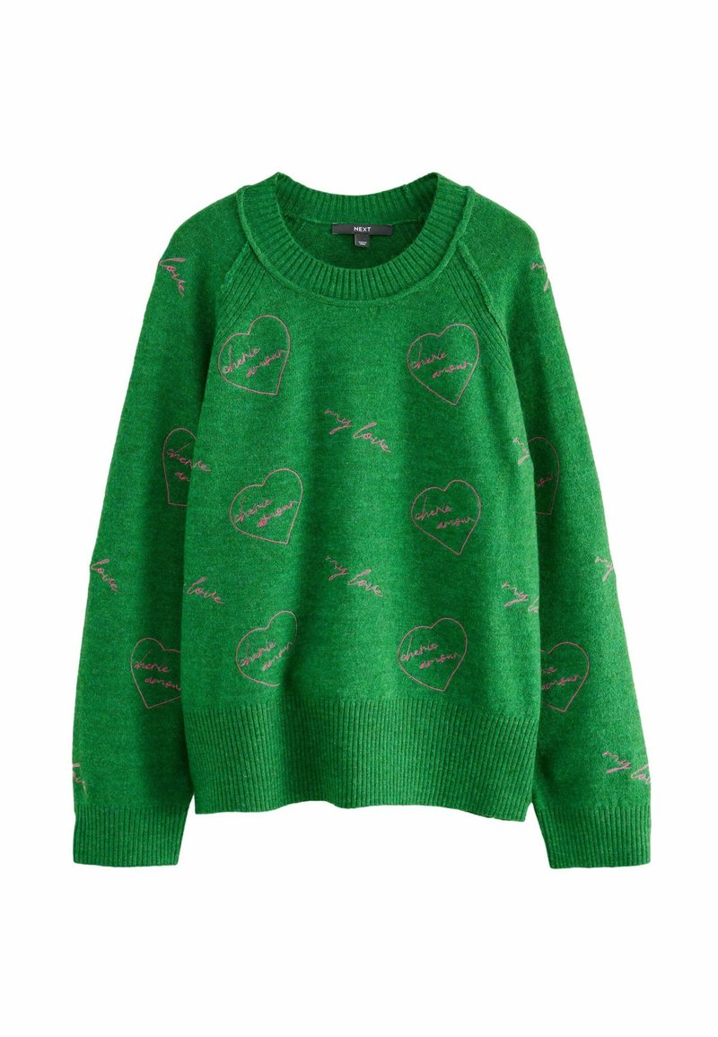 Sweater lavorato a maglia verde con motivi a cuore rosa e testo. Colletto rotondo con polsini e orlo a costine. Texture morbida, vestibilità rilassata.