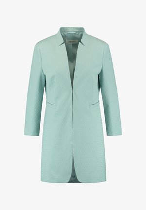 Blazer long vert d'eau clair avec motif texturé subtil, col à revers, manches trois-quarts, deux poches fendues à l'avant, modèle ouvert.