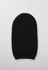 Sort strikket baret, ribbet tekstur, rund top og en tætsiddende pasform. Lavet af blødt stof for varme. Enkel design uden udsmykning.