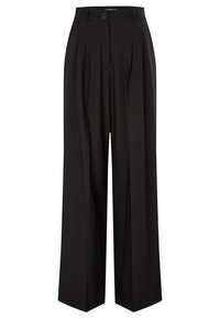 Pantalon noir taille haute à jambes larges, plis sur le devant, passants de ceinture et fermeture à bouton unique à la taille.