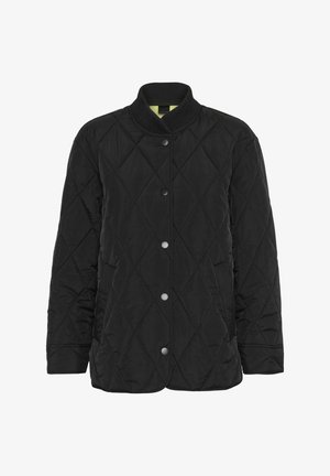 Schwarze, gesteppte Jacke mit hohem Kragen, Druckknöpfen und langen Ärmeln. Das Material ist glatt mit einem Rautenmuster und einem leuchtenden Innenfutter.