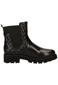 Bottines noires avec une finition en cuir brillant, des panneaux latéraux matelassés texturés, des inserts élastiques et une semelle en caoutchouc épaisse.