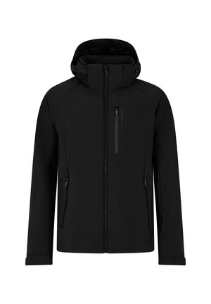 Zwarte jas met een capuchon, gemaakt van zachte, gladde stof. Voorzien van ritszakken aan de voorkant en een verticale borstzak, minimalistisch ontwerp.