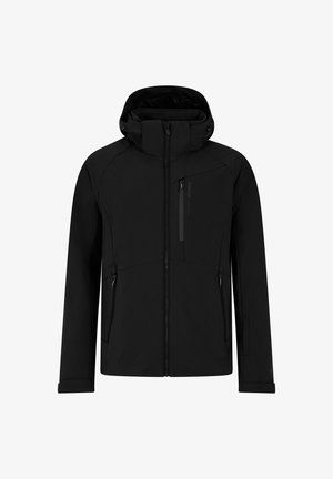 Zwarte jas met een capuchon, gemaakt van zachte, gladde stof. Voorzien van ritszakken aan de voorkant en een verticale borstzak, minimalistisch ontwerp.