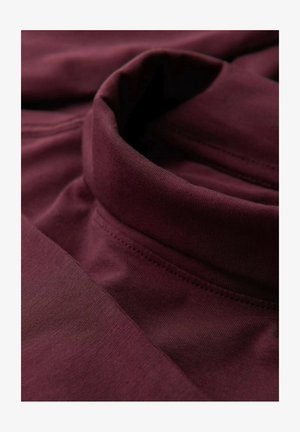 Burgundy högkrage topp, med mjukt tyg och slät textur. Närbild som framhäver sömnadsdetaljer och kragsdesign.