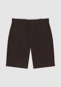 Dark brown shorts with a straight cut, featuring side pockets and a waistband. Smooth fabric texture with no visible patterns or accents.