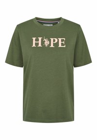 Olive green short-sleeve T-shirt with beige "HOPE" text and a small polo player graphic replacing the letter "O".