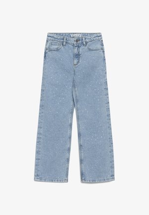 Jeans a gamba larga azzurri chiaro con un design a cinque tasche, caratterizzati da un motivo decorativo di piccoli strass su tutto il tessuto.
