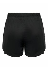 Black athletic shorts with a textured finish, featuring an elastic waistband and a loose, relaxed fit. No visible logos or patterns.