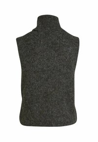 Donkergrijze gebreide mouwloze coltrui met een geribbelde textuur en hoge kraag.